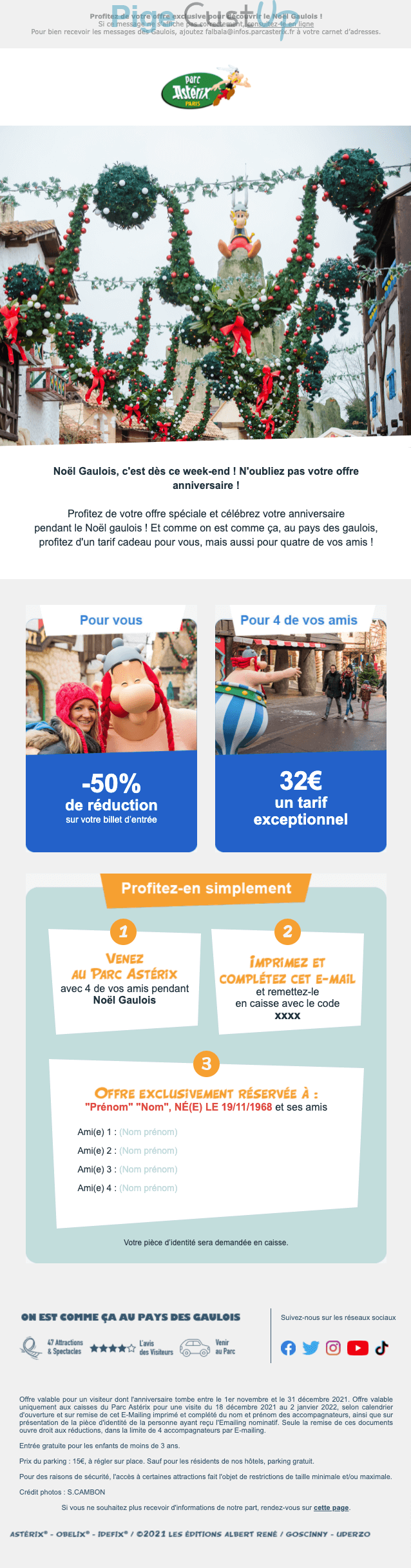 Exemple de Type de media  e-mailing - Parc Astérix - Marketing relationnel - Anniversaire / Fête contact