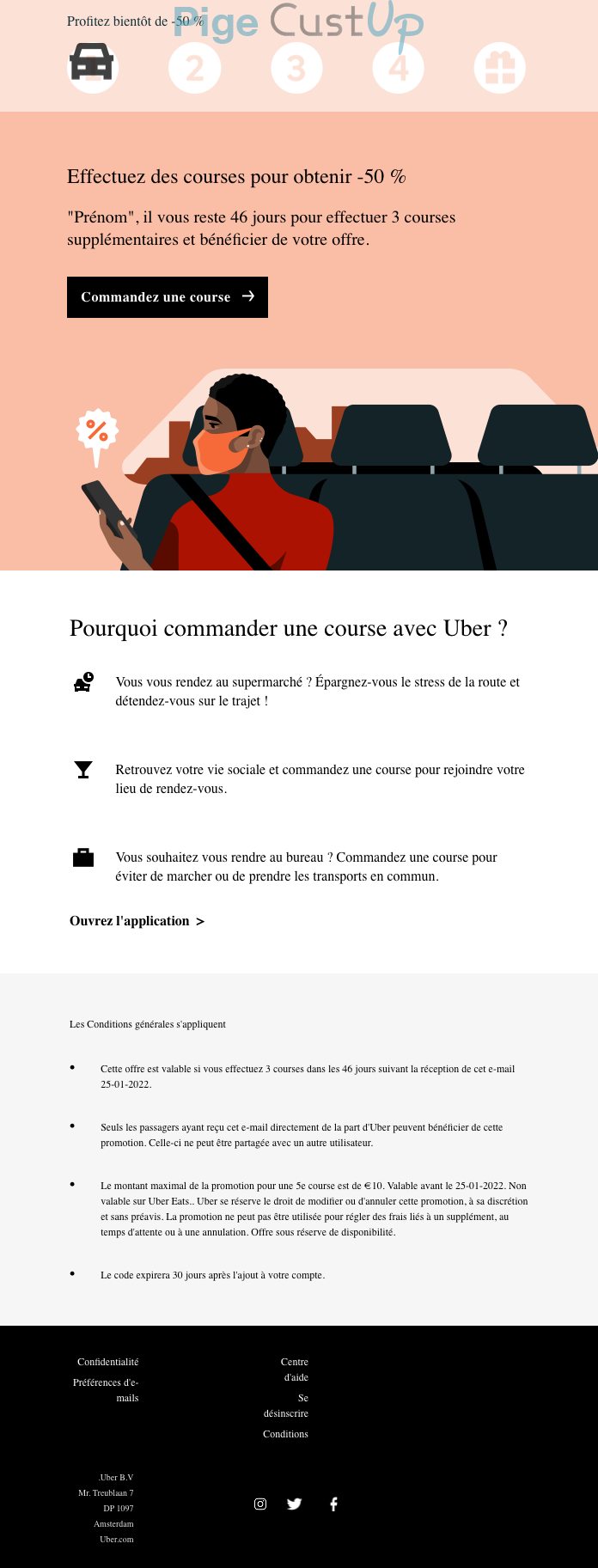 Exemple de Type de media  e-mailing - Uber - Marketing Acquisition - Ventes flash, soldes, demarque, promo, réduction