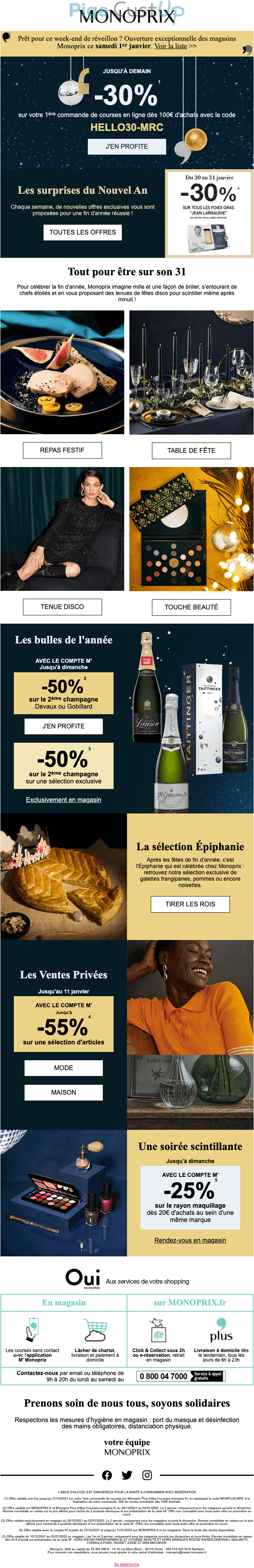 Exemple de Type de media  e-mailing - Monoprix - Marketing relationnel - Calendaire (Noël, St valentin, Vœux, …) - Marketing Acquisition - Derniers jours - Ventes flash, soldes, demarque, promo, réduction