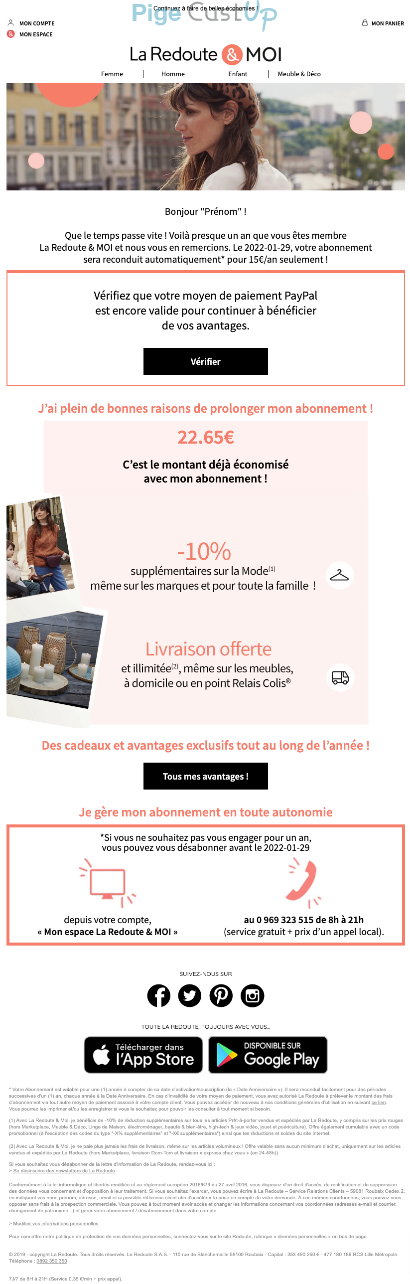 Exemple de Type de media  e-mailing - La Redoute - Marketing fidélisation - Renouvellement abonnement