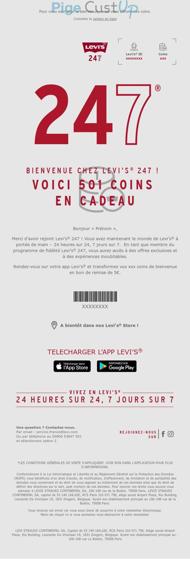 Exemple de Type de media  e-mailing - Levi's - Marketing fidélisation - Animation / Vie du Programme de Fidélité - Marketing relationnel - Bienvenue - Welcome