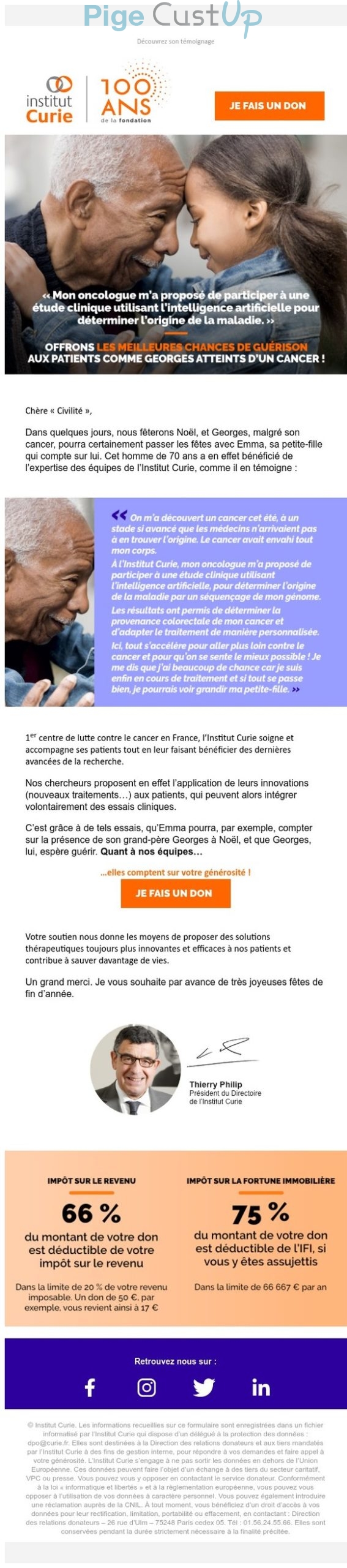 Exemple de Type de media  e-mailing - Institut Curie - Marketing Acquisition - Collecte de dons