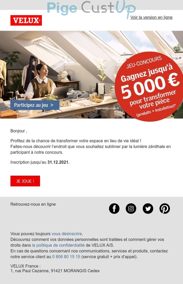 Exemple de Type de media  e-mailing - Velux - Marketing Acquisition - Jeu promo