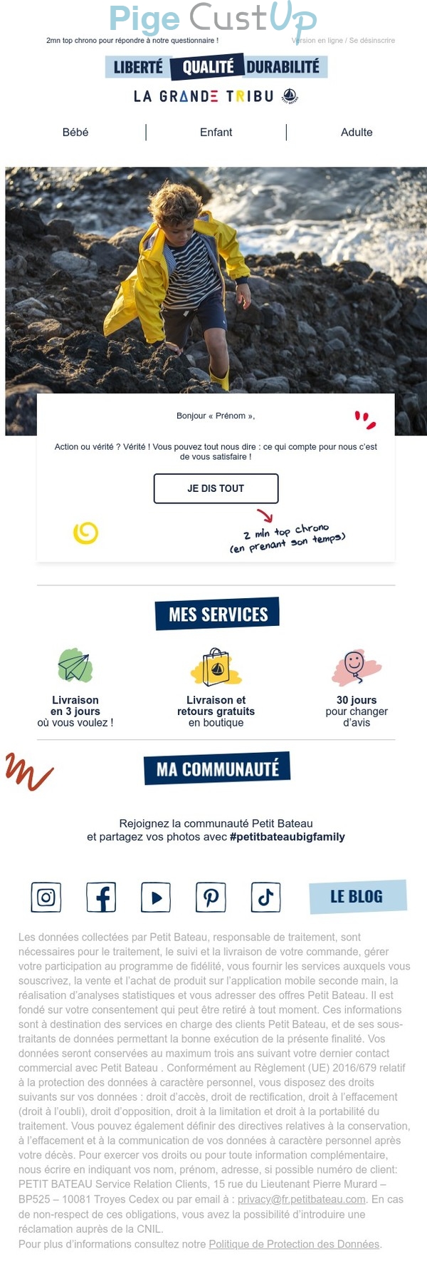 Exemple de Type de media  e-mailing - Petit Bateau - Enquêtes Clients - NPS / Avis clients