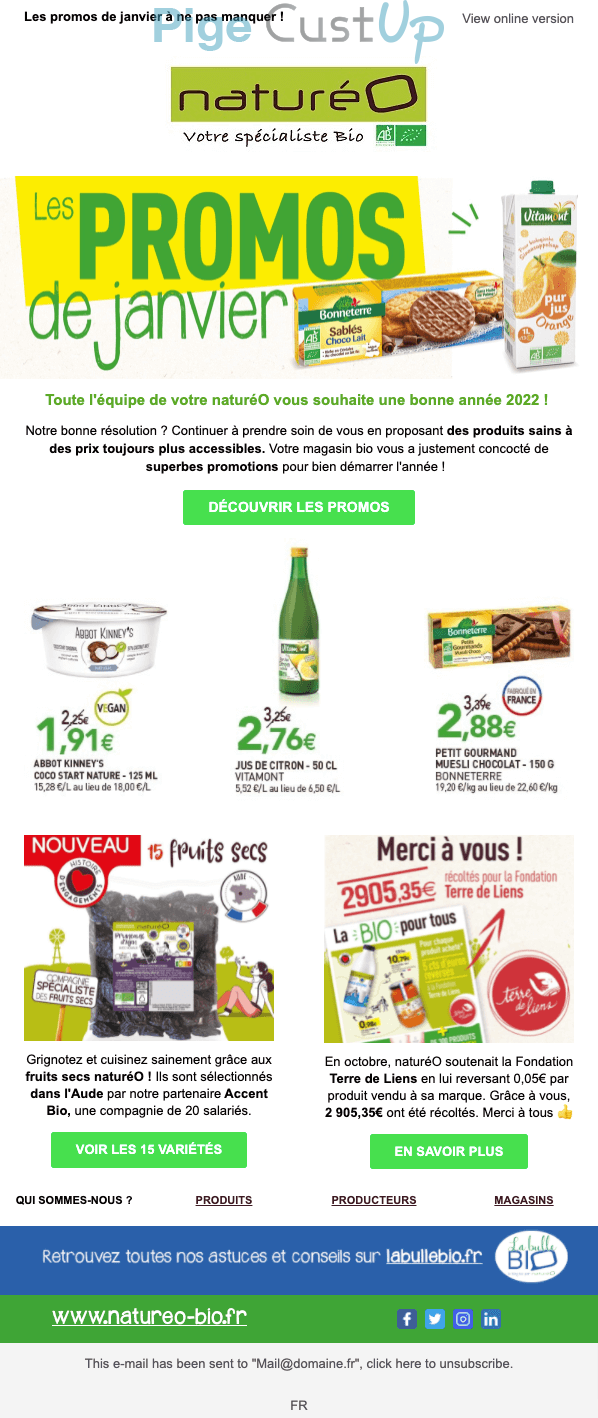 Exemple de Type de media  e-mailing - Naturéo - Marketing fidélisation - Incitation au réachat - Marketing Acquisition - Ventes flash, soldes, demarque, promo, réduction