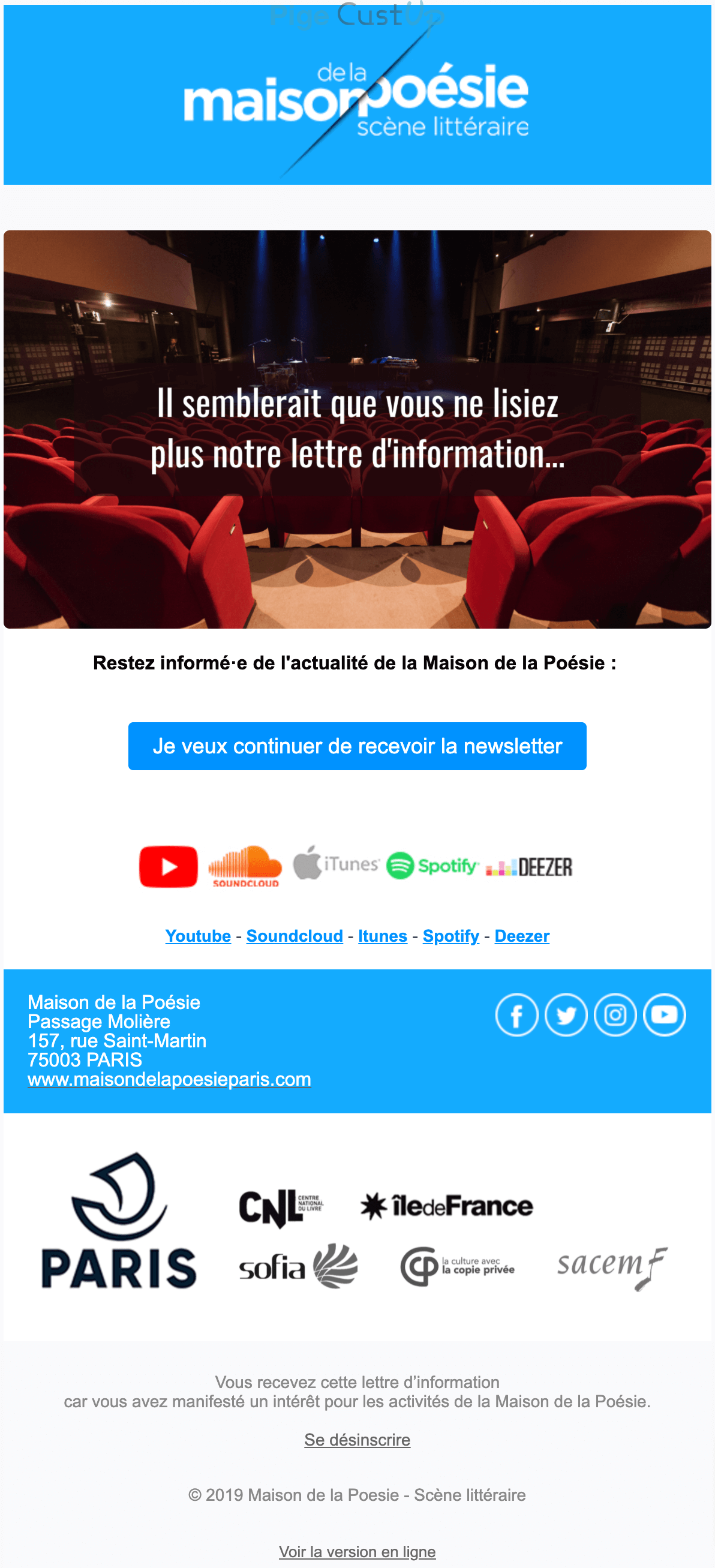 Exemple de Type de media  e-mailing - Maison de la Poésie - Marketing Acquisition - Relance inactifs - Marketing relationnel - Newsletter