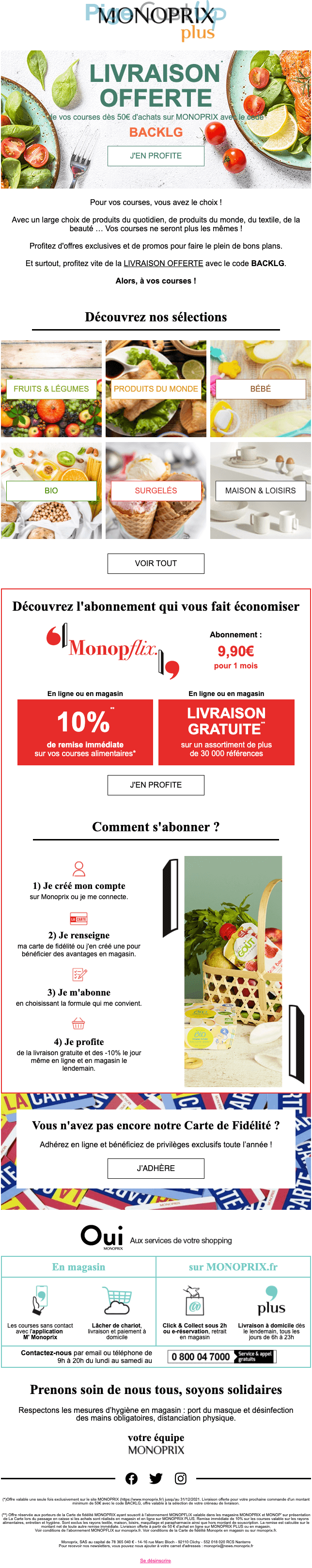 Exemple de Type de media  e-mailing - Monoprix - Marketing Acquisition - Acquisition abonnements - Ventes flash, soldes, demarque, promo, réduction