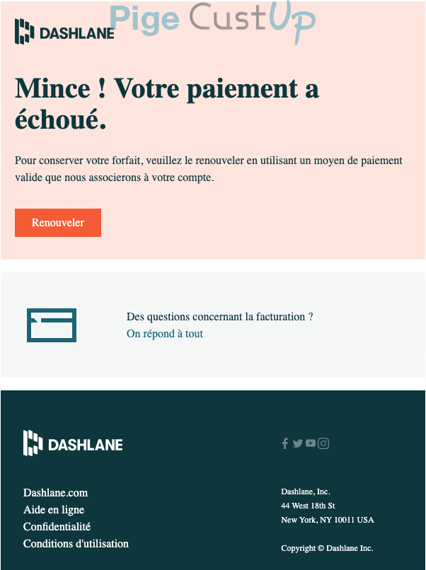 Exemple de Type de media  e-mailing - Dashlane - Transactionnels - Échec de paiement - Service Clients - Mise à jour coordonnées bancaires