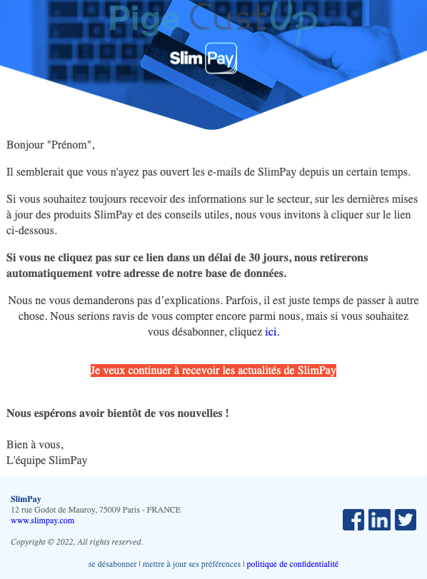 Exemple de Type de media  e-mailing - Slimpay - Marketing Acquisition - Relance inactifs