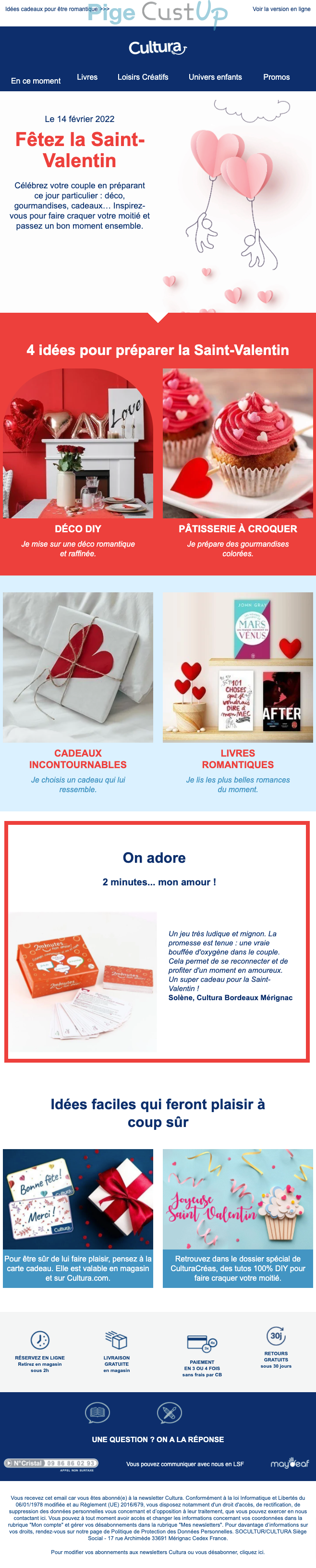 Exemple de Type de media  e-mailing - Cultura - Marketing relationnel - Calendaire (Noël, St valentin, Vœux, …)