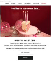 e-mailing - Marketing relationnel - Anniversaire / Fête contact - Marketing fidélisation - Incitation au réachat - Marketing Acquisition - Ventes flash, soldes, demarque, promo, réduction - Sarenza - 01/2022