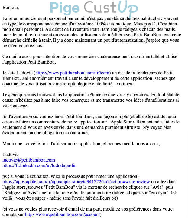 Exemple de Type de media  e-mailing - Petit BamBou - Marketing relationnel - Remerciements