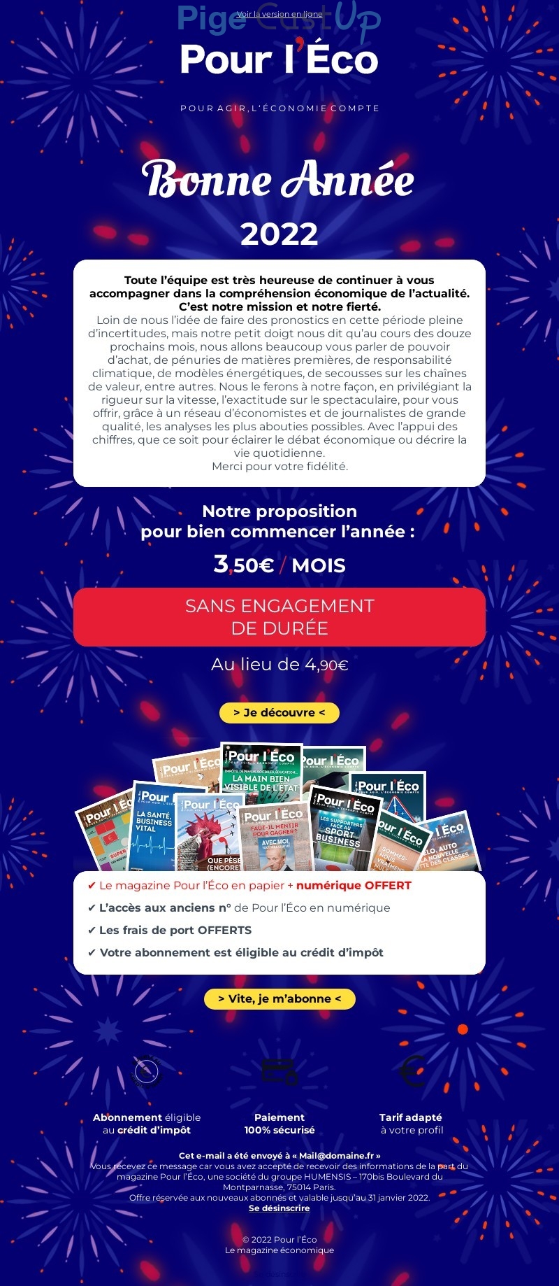 Exemple de Type de media  e-mailing - Pour L'Eco - Marketing Acquisition - Acquisition abonnements