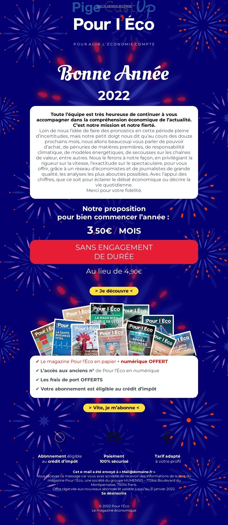 Exemple de Type de media  e-mailing - Pour L'Eco - Marketing Acquisition - Acquisition abonnements