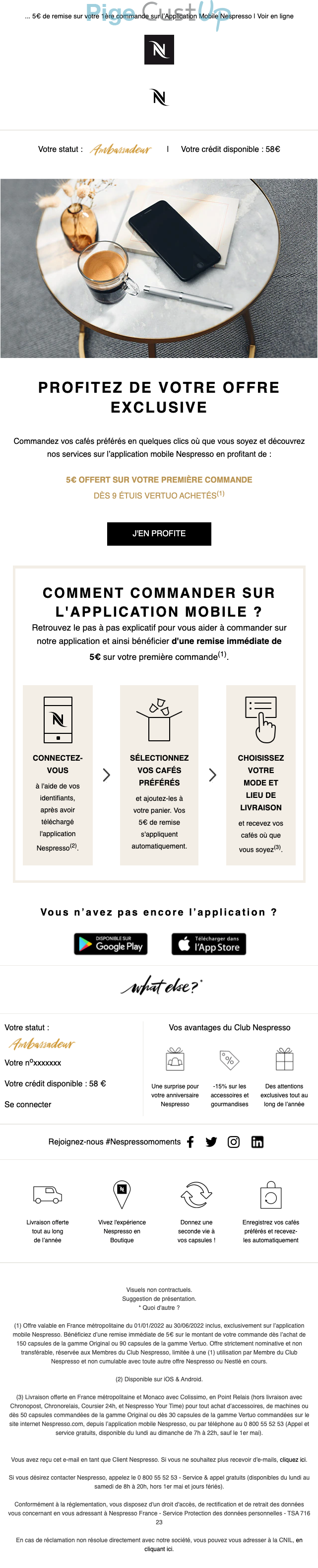 Exemple de Type de media  e-mailing - Nespresso - Marketing fidélisation - Incitation au réachat - Points et statut - Marketing relationnel - Newsletter