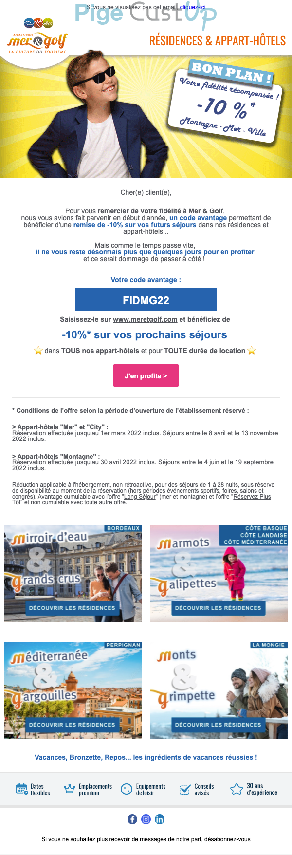 Exemple de Type de media  e-mailing - Mere et Golf - Marketing fidélisation - Animation / Vie du Programme de Fidélité - Incitation au réachat - Marketing Acquisition - Ventes flash, soldes, demarque, promo, réduction