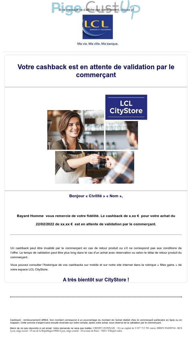 Exemple de Type de media  e-mailing - LCL - Transactionnels - Cashback - Marketing Acquisition - Panier abandonné