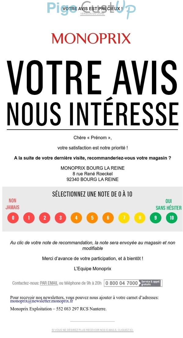 Exemple de Type de media  e-mailing - Monoprix - Enquêtes Clients - NPS / Avis clients