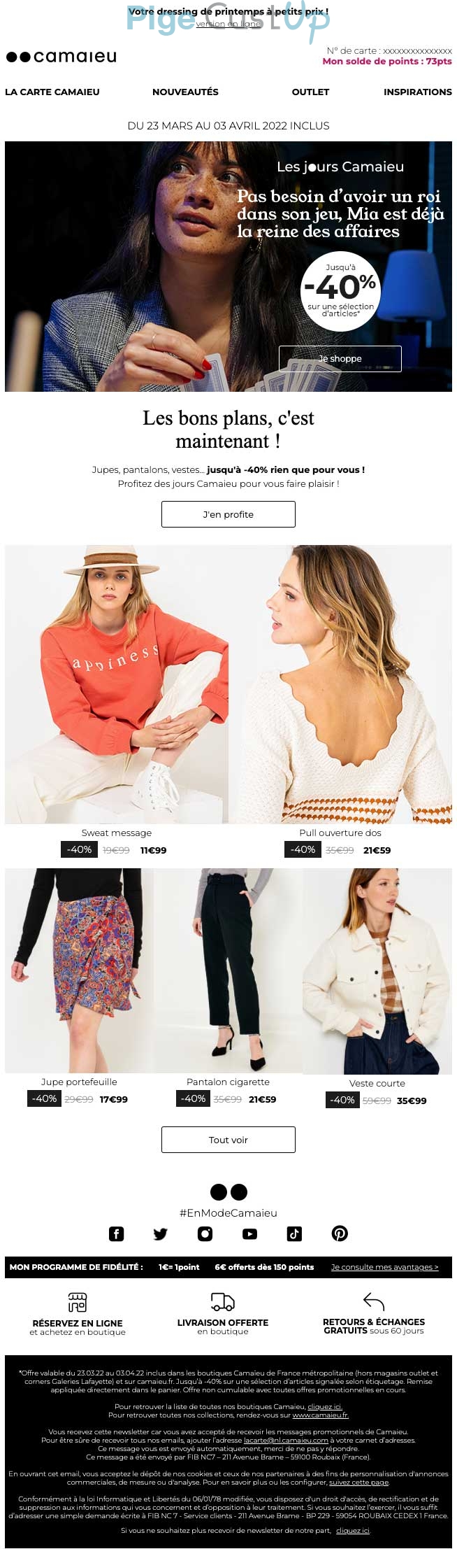 Exemple de Type de media  e-mailing - Camaïeu - Marketing Acquisition - Ventes flash, soldes, demarque, promo, réduction - Marketing relationnel - Newsletter