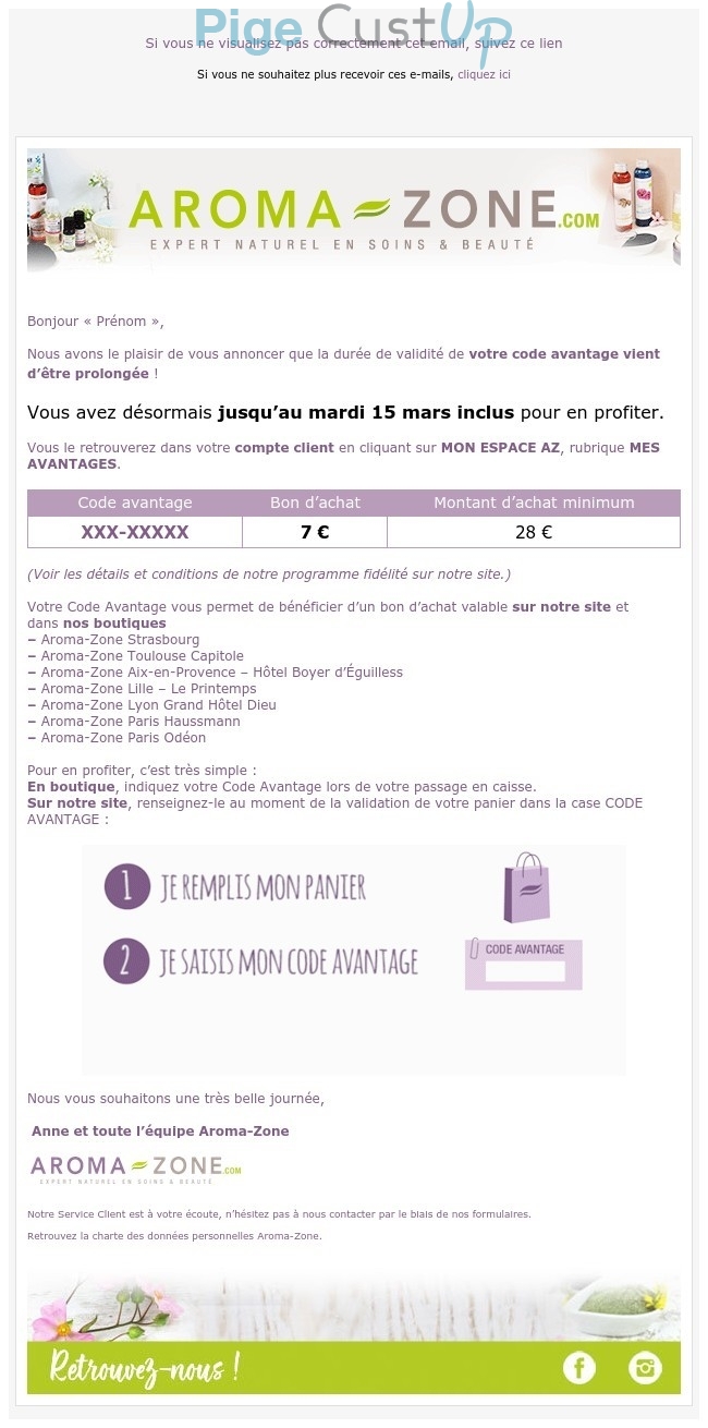 Exemple de Type de media  e-mailing - Aroma-Zone - Marketing fidélisation - Animation / Vie du Programme de Fidélité - Incitation au réachat - Marketing Acquisition - Ventes flash, soldes, demarque, promo, réduction