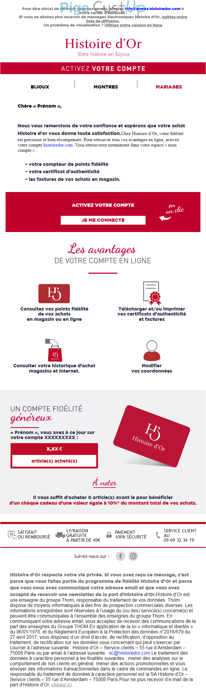 Exemple de Type de media  e-mailing - Histoire d'Or - Transactionnels - Finalisation ouverture de compte/inscription