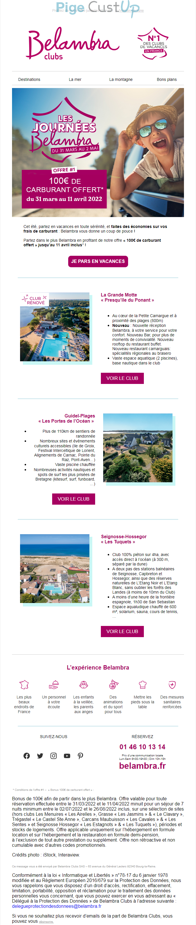 Exemple de Type de media  e-mailing - Belambra - Marketing marque - Communication Produits - Nouveaux produits - Communication Services - Nouveaux Services - Marketing Acquisition - Gratuit - Cadeau