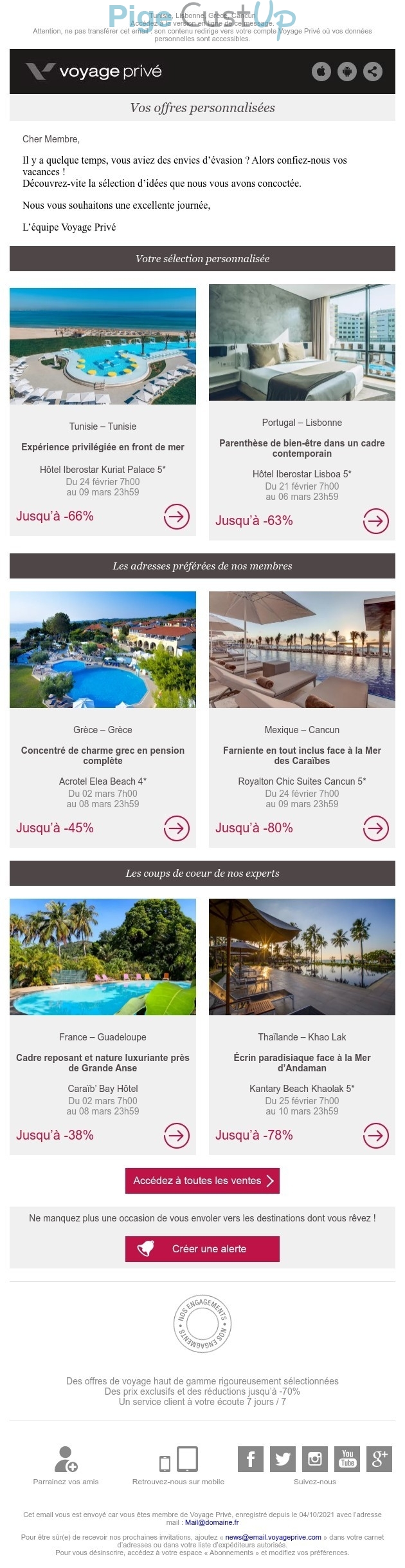 Exemple de Type de media  e-mailing - Voyage privé - Marketing Acquisition - Ventes flash, soldes, demarque, promo, réduction - Marketing relationnel - Newsletter