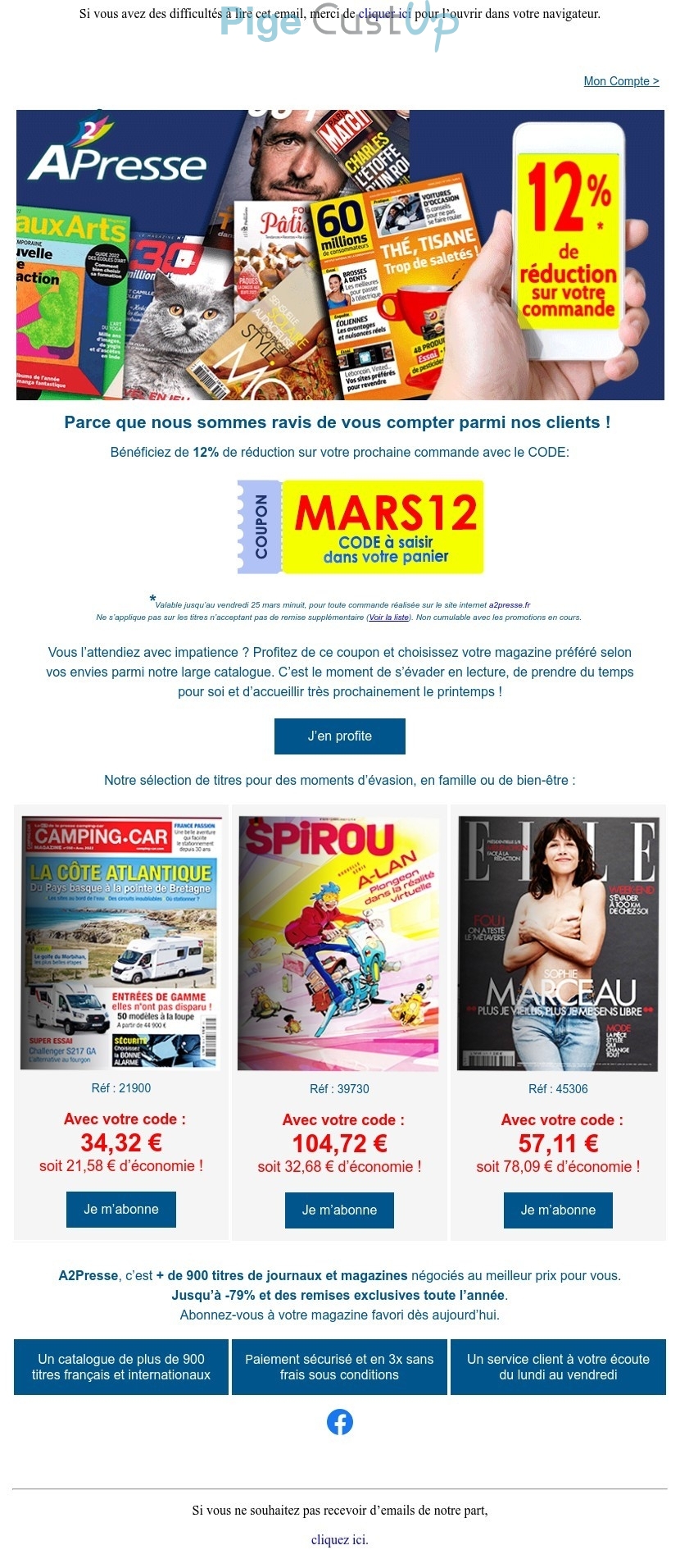 Exemple de Type de media  e-mailing - A2presse - Marketing Acquisition - Acquisition abonnements - Ventes flash, soldes, demarque, promo, réduction - Marketing fidélisation - Incitation au réachat