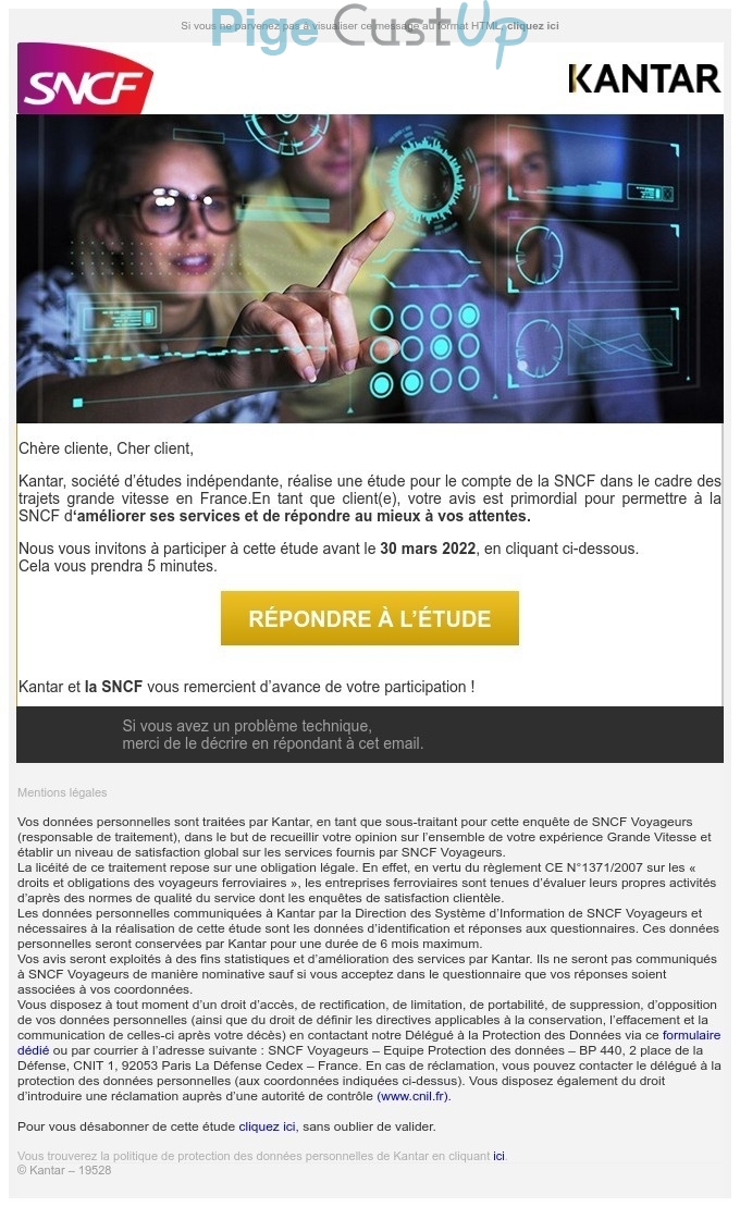 Exemple de Type de media  e-mailing - SNCF - Enquêtes Clients - NPS / Avis clients