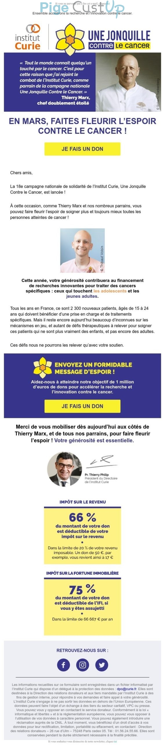 Exemple de Type de media  e-mailing - Institut Curie - Marketing relationnel - Calendaire (Noël, St valentin, Vœux, …) - Marketing Acquisition - Collecte de dons - Marketing marque - Institutionnel