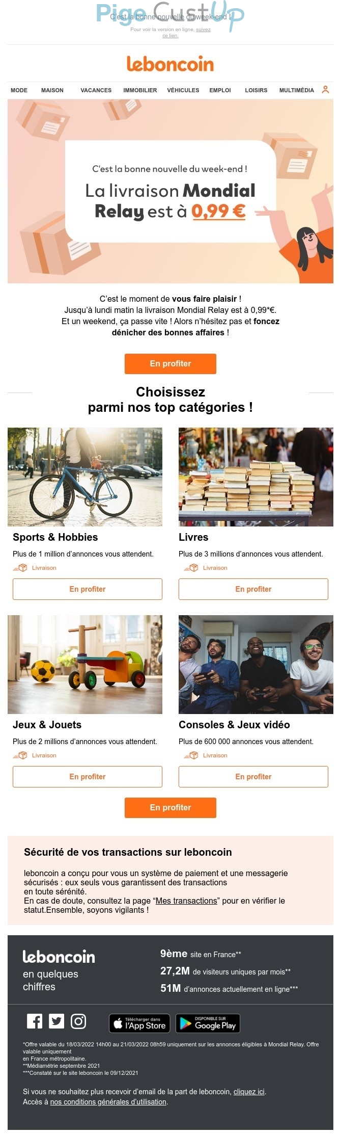 Exemple de Type de media  e-mailing - Leboncoin - Marketing fidélisation - Incitation au réachat - Marketing Acquisition - Ventes flash, soldes, demarque, promo, réduction