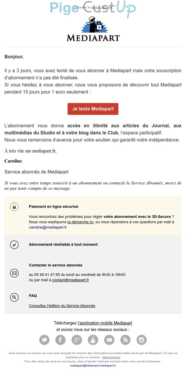Exemple de Type de media  e-mailing - Mediapart - Marketing Acquisition - Panier abandonné