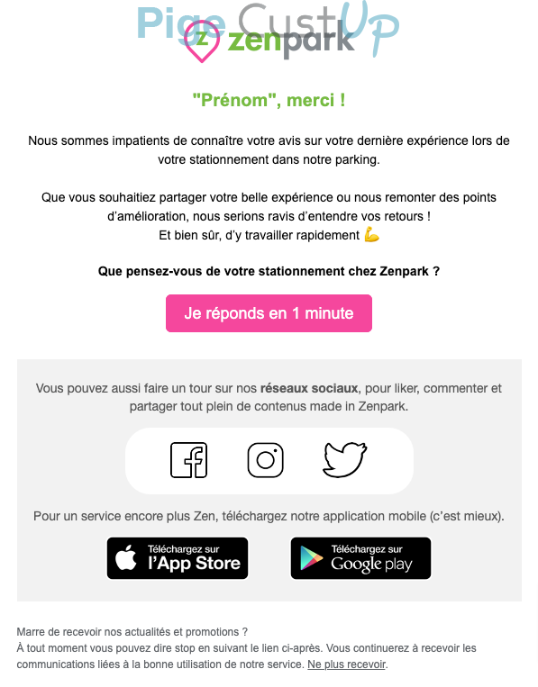 Exemple de Type de media  e-mailing - Zenpark - Enquêtes Clients - NPS / Avis clients