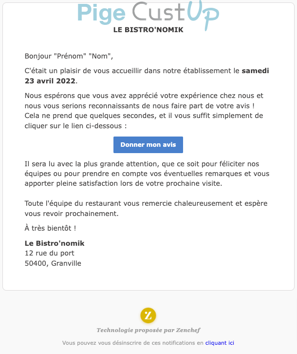 Exemple de Type de media  e-mailing - Bistro'nomik - Enquêtes Clients - NPS / Avis clients