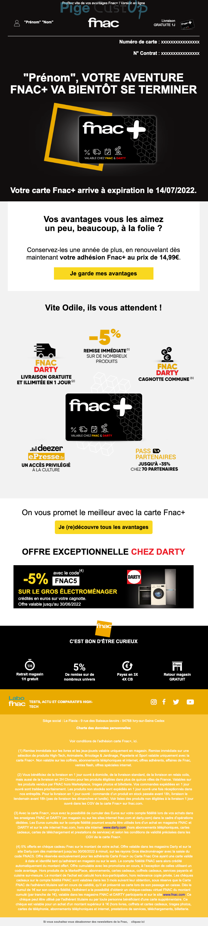 Exemple de Type de media  e-mailing - Fnac - Marketing fidélisation - Renouvellement abonnement