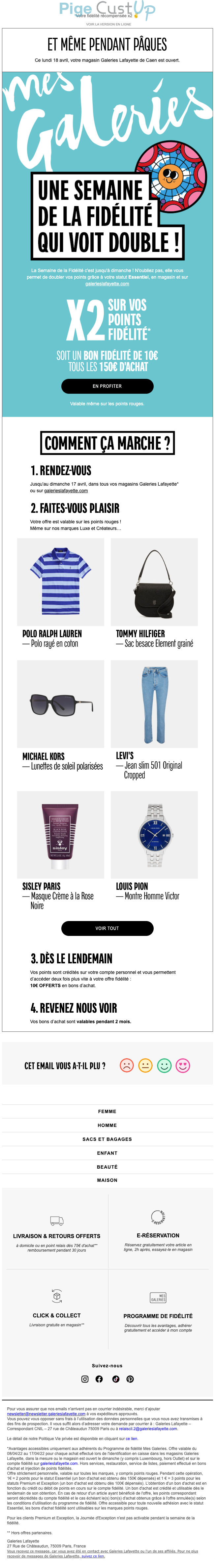 Exemple de Type de media  e-mailing - Galeries Lafayette - Marketing fidélisation - Incitation au réachat - Points et statut - Marketing Acquisition - Ventes flash, soldes, demarque, promo, réduction