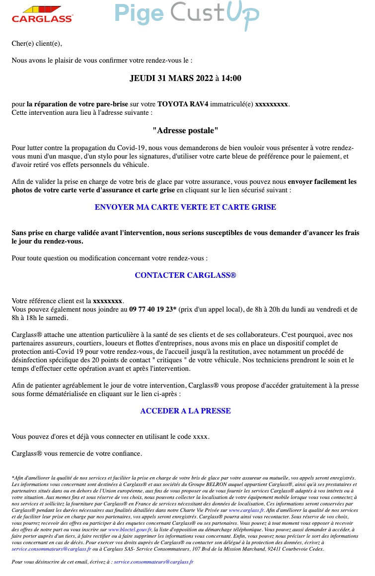 Exemple de Type de media  e-mailing - Carglass - Service Clients - Rendez-vous