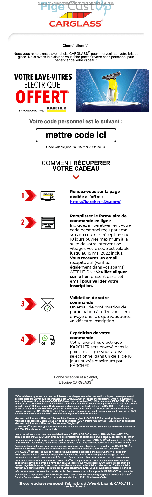 Exemple de Type de media  e-mailing - Carglass - Marketing Acquisition - Gratuit - Cadeau