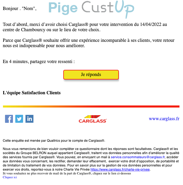 Exemple de Type de media  e-mailing - Carglass - Enquêtes Clients - NPS / Avis clients