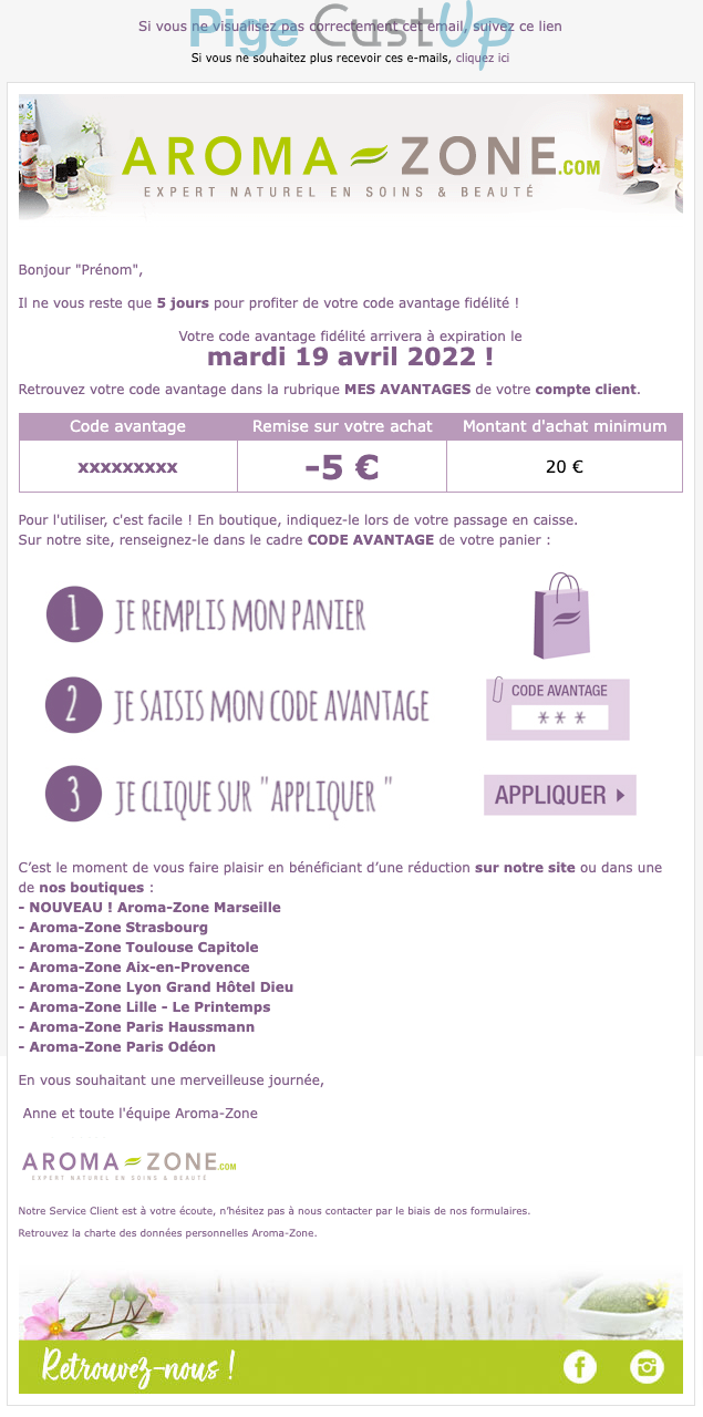 Exemple de Type de media  e-mailing - Aroma-Zone - Marketing Acquisition - Derniers jours - Ventes flash, soldes, demarque, promo, réduction