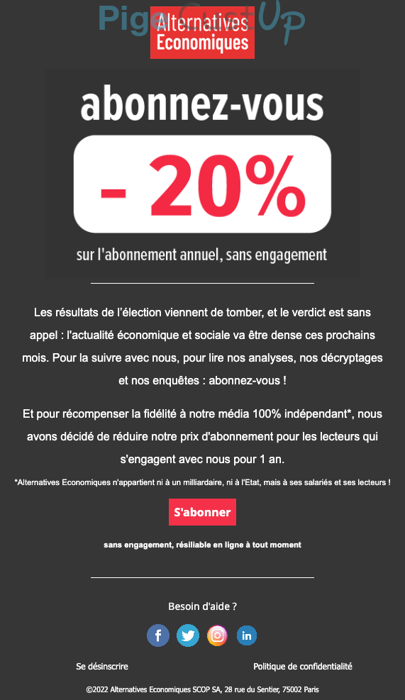 Exemple de Type de media  e-mailing - Alternatives Economiques - Marketing Acquisition - Acquisition abonnements - Ventes flash, soldes, demarque, promo, réduction