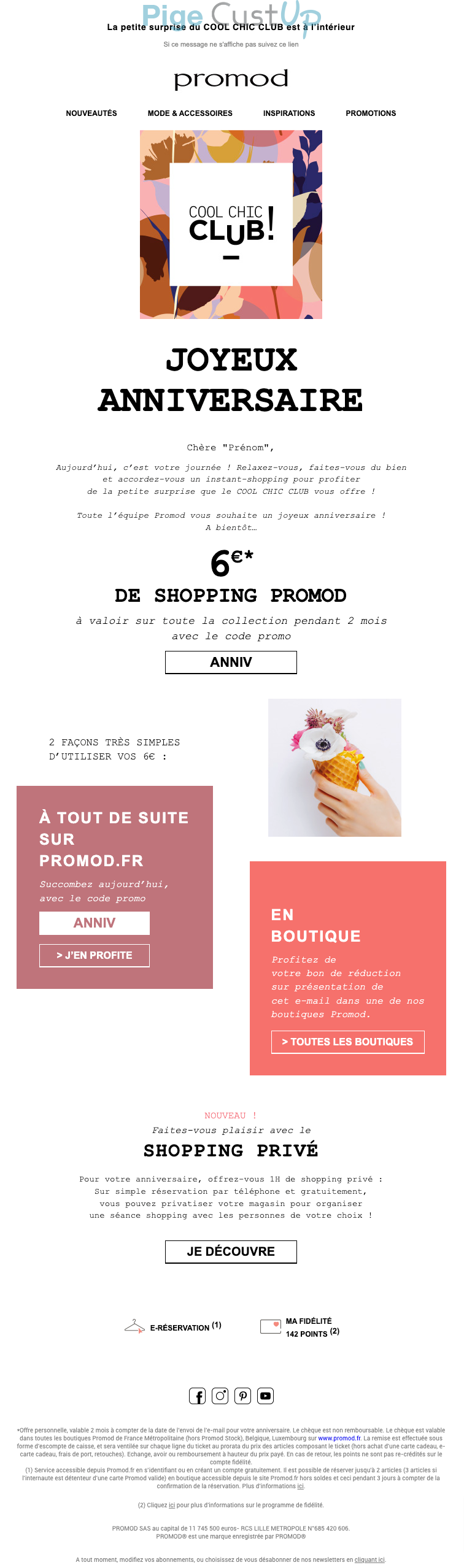 Exemple de Type de media  e-mailing - Promod - Marketing relationnel - Anniversaire / Fête contact