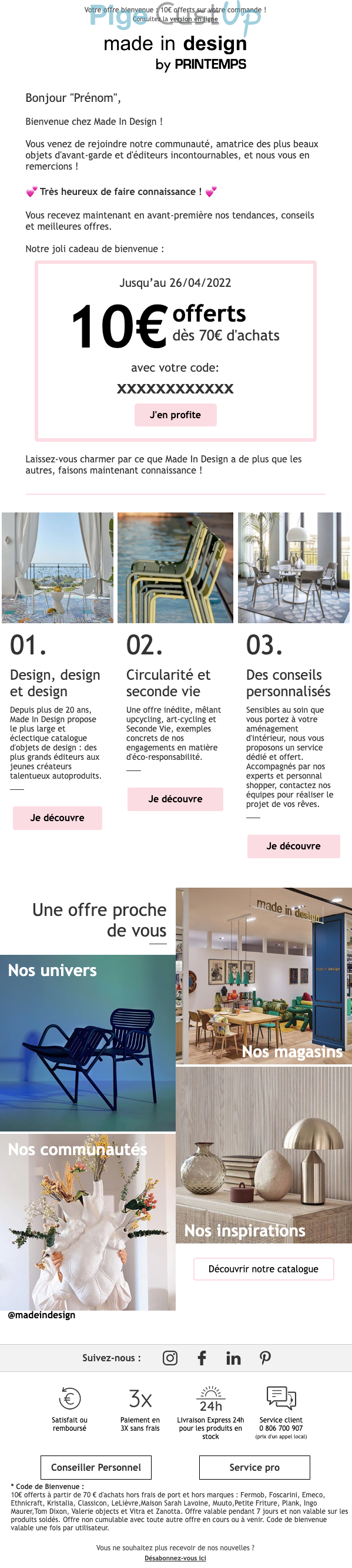 Exemple de Type de media  e-mailing - Made in design - Marketing relationnel - Bienvenue - Welcome - Marketing Acquisition - Ventes flash, soldes, demarque, promo, réduction