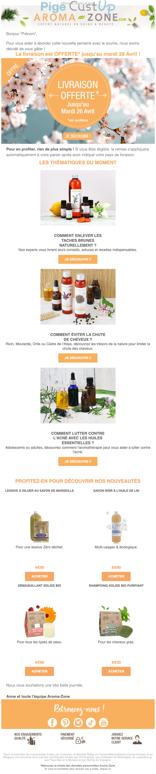 Exemple de Type de media  e-mailing - Aroma-Zone - Marketing Acquisition - Ventes flash, soldes, demarque, promo, réduction - Marketing relationnel - Newsletter