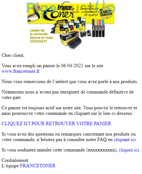 Exemple de Type de media  e-mailing - France Toner - Marketing Acquisition - Panier abandonné