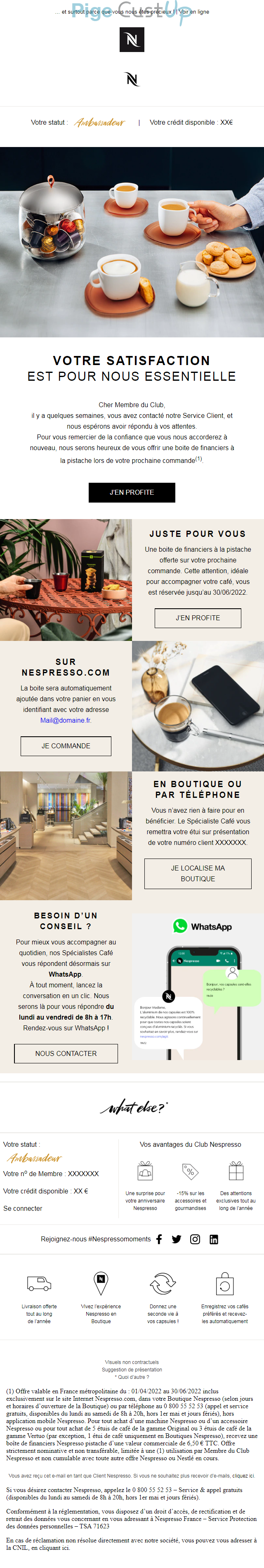 Exemple de Type de media  e-mailing - Nespresso - Marketing Acquisition - Gratuit - Cadeau - Marketing fidélisation - Incitation au réachat - Points et statut