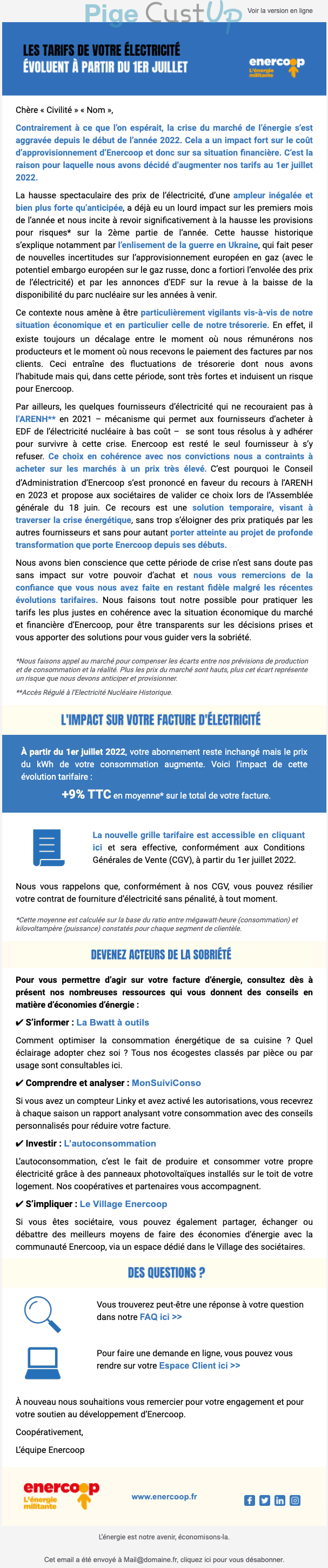 Exemple de Type de media  e-mailing - Enercoop - Service Clients - Modification tarifs abonnements