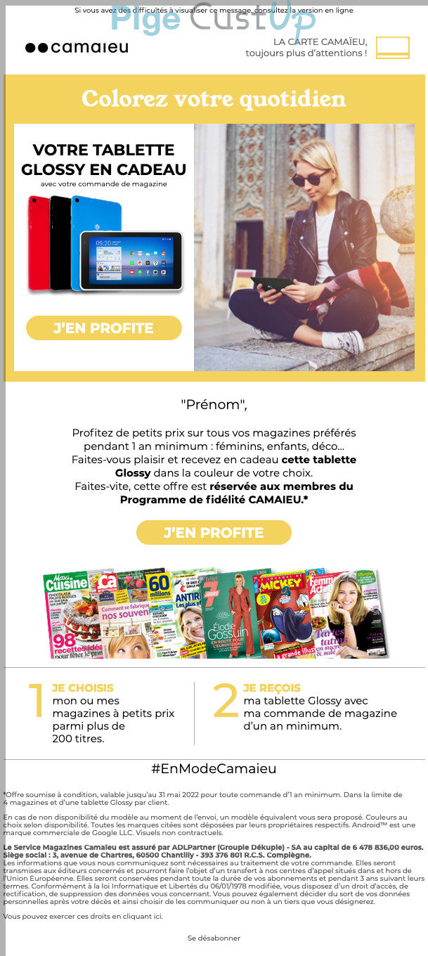 Exemple de Type de media  e-mailing - Camaïeu - Marketing Acquisition - Acquisition abonnements - Gratuit - Cadeau