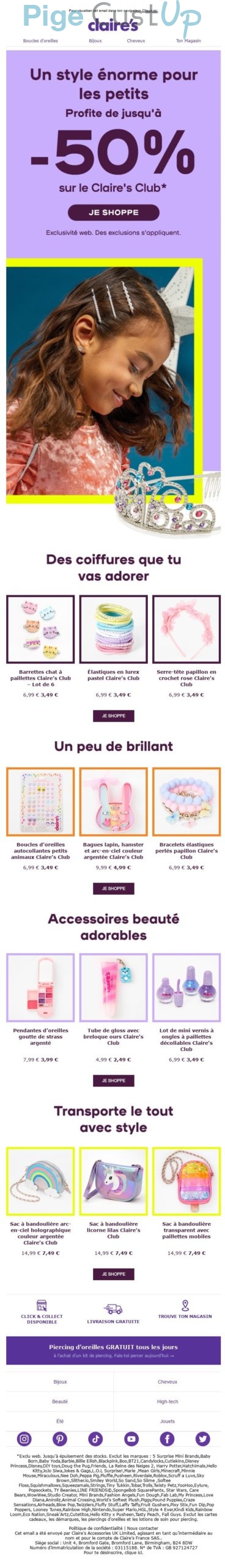 Exemple de Type de media  e-mailing - Claire's - Marketing Acquisition - Ventes flash, soldes, demarque, promo, réduction
