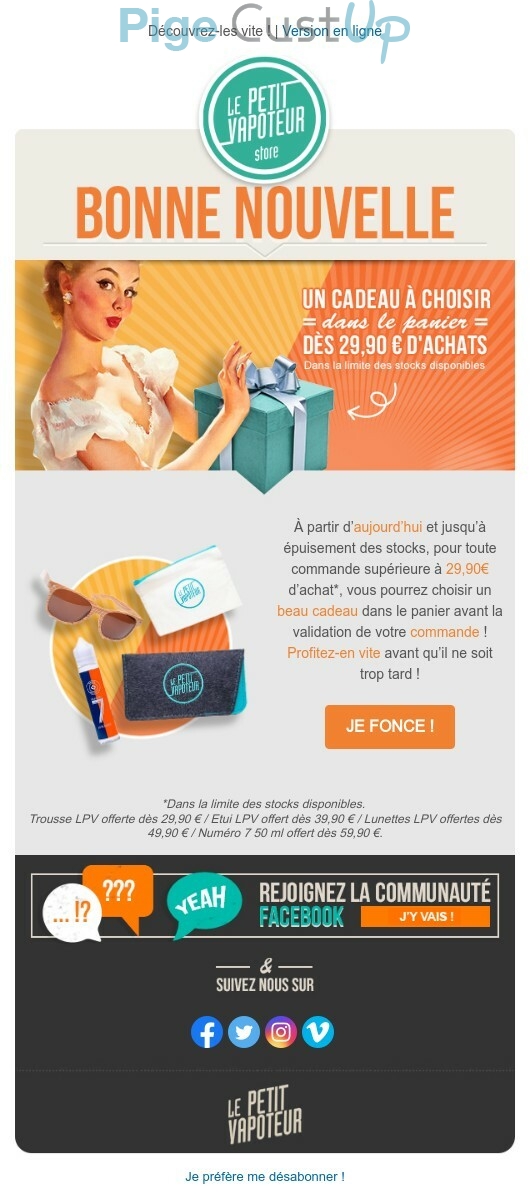 Exemple de Type de media  e-mailing - Le Petit Vapoteur - Marketing Acquisition - Gratuit - Cadeau - Marketing fidélisation - Incitation au réachat
